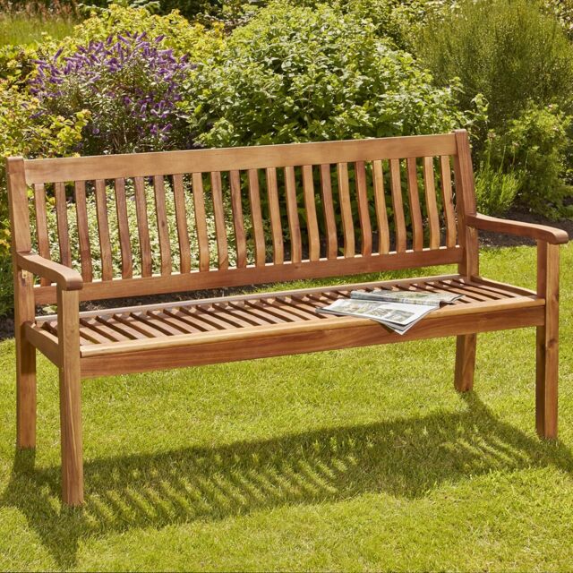 Acacia Hardwood 3-Seater Garden Bench, Water Resistant Furniture for Outdoor Patio & Decking, L149.5 x W62.5 x H90cm