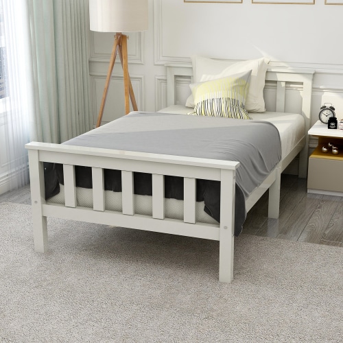 VILUXE 3ft Single Solid Pine Bed Frame with 13 Wooden Slats, Raised Headboard and Footboard, White, 90 x 190cm, No Mattress