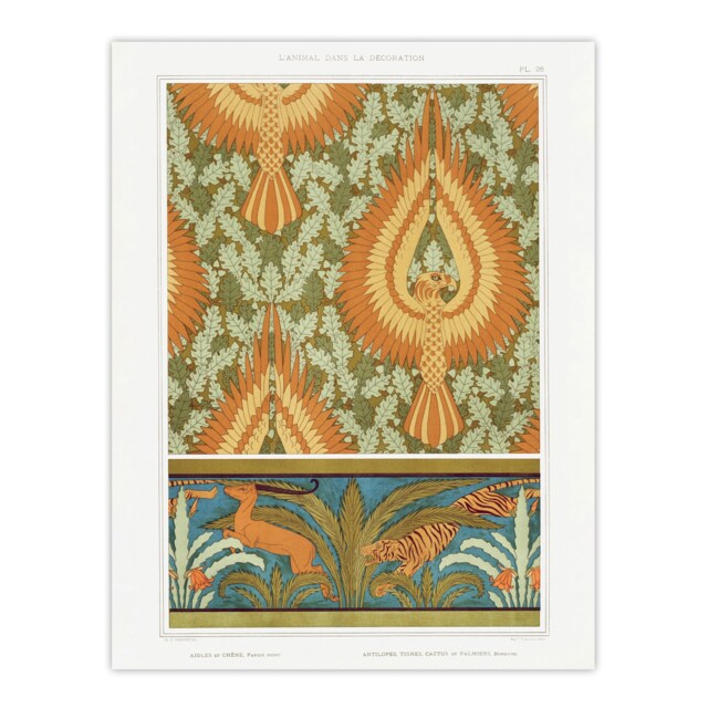 "Eagle Antelope and Tiger Patterns Vintage Wall Art Print Verneuil 18x24"""