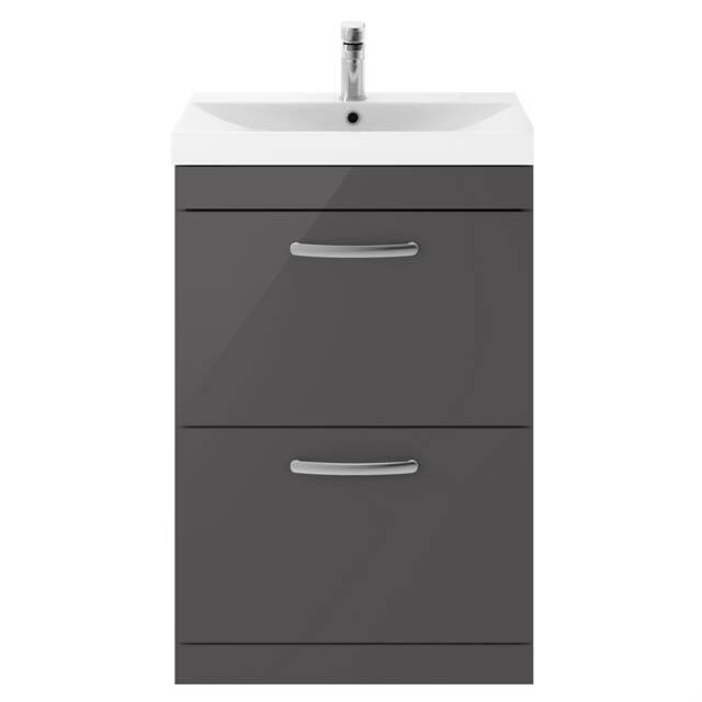 Balterley Millwich Contemporary 2 Drawer Floor Standing Vanity Unit with Thin Edge Basin, Gloss Grey, 600mm