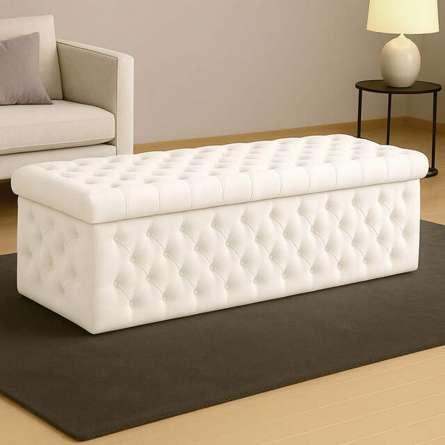 150cm Wide Lux Ottoman Storage Box, White Velvet Upholstered Chesterfield Storage Ottoman Box