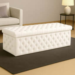 150cm Wide Lux Ottoman Storage Box, White Velvet Upholstered Chesterfield Storage Ottoman Box