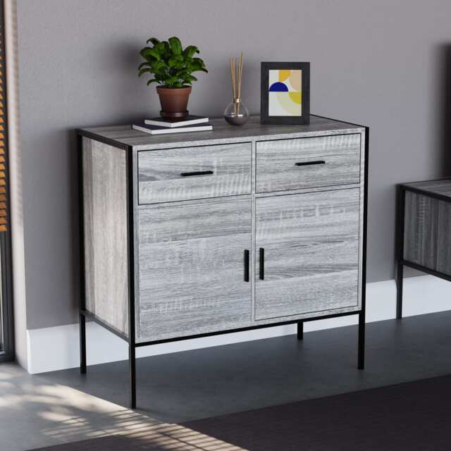Vida Designs Brooklyn 2 Door 2 Drawer Sideboard Industrial Buffet Cabinet Storage, Grey Grey 1