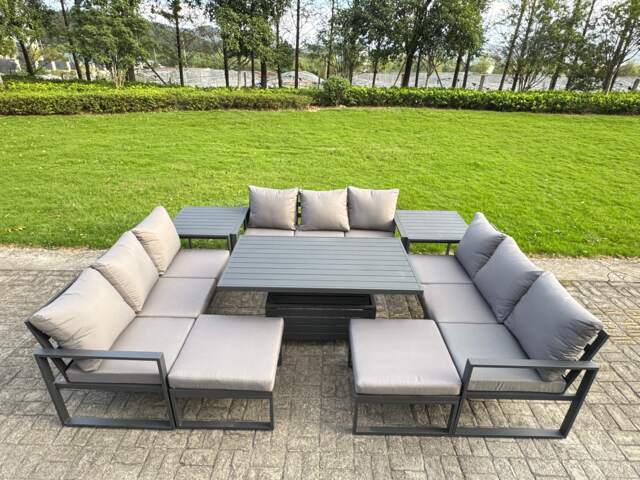 Fimous Aluminum Outdoor Patio Furniture Set Modern Patio Conversation Sets with Adjustable Rising Lifting Dining Table 2 Big Footstools 2 Side Tables Dark Grey