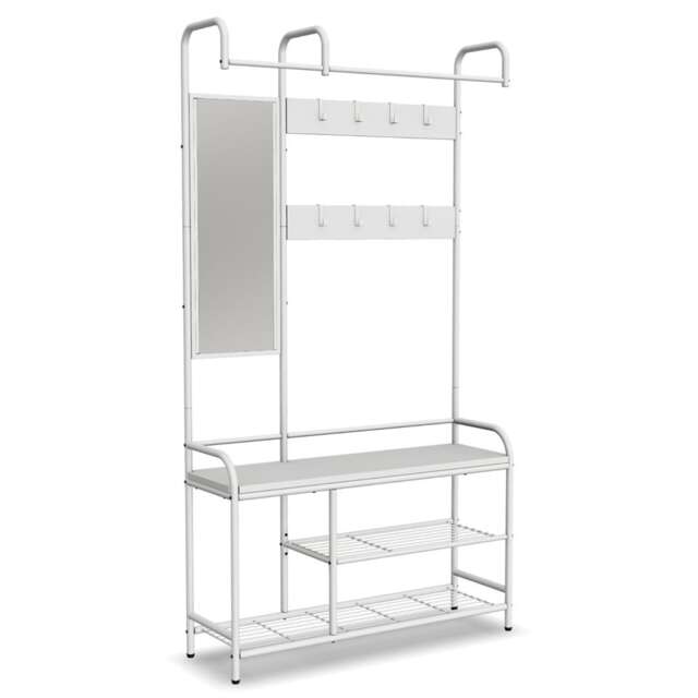 Entryway Hallway Coat Hanger Stand & Shoe Bench Storage Display Rack with Mirror White White & White One Size