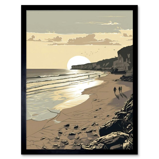 "Sunrise Walk on Filey Beach Coastal Home Decor 12x16"" Framed Wall Art Print"