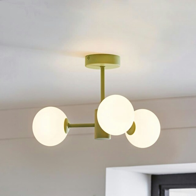 ValueLights Marlow Sage Green Opaque Glass Globe 3 Arm Ceiling Light with LED Bulbs Green