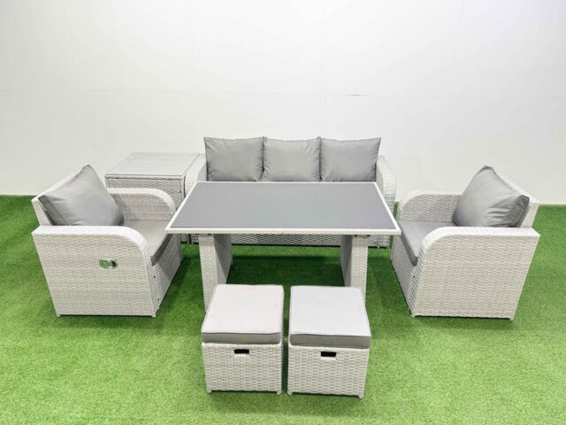 Fimous Outdoor Rattan Garden Furniture Dining Set 7-seater Patio Rectangular Table 3 Seater Sofa Reclining Chair Set with Side Table 2 Small Stools