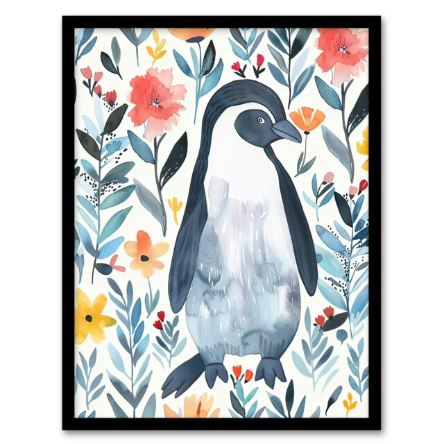 Shy Penguin in Flower Garden Bright Floral Black Framed Wall Art Print A4