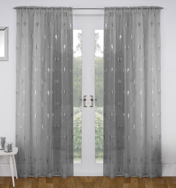 "Birch Grey Metallic Tree Print Linen-Look Voile Panel - Pair 140 x 137cm (55x54"")"