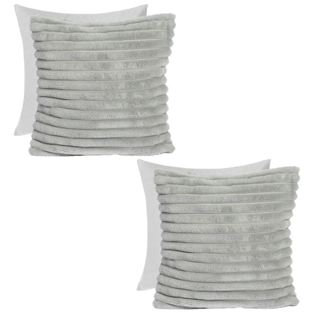 OHS 2 x Faux Fur Matte Velvet Fleece Thick Ribbed Filled Cushions, 45x45cm - Grey