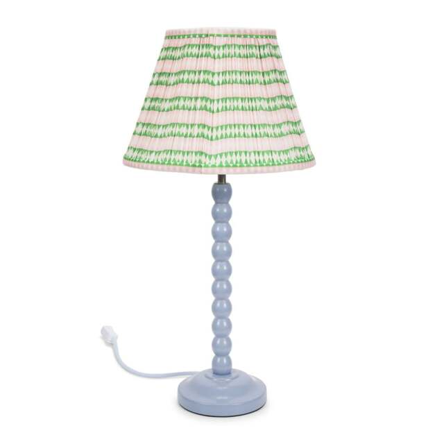 ValueLights Bobbles Blue Bobbin Table Lamp Pink Aztec Pleat Shade and Bulb