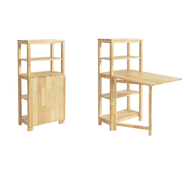 SoBuy Folding Dining Table with 5 Storage Shelves, Natural Solid Wood, 38.6x23.6x49.6 in, 23 kg - FWT70-N
