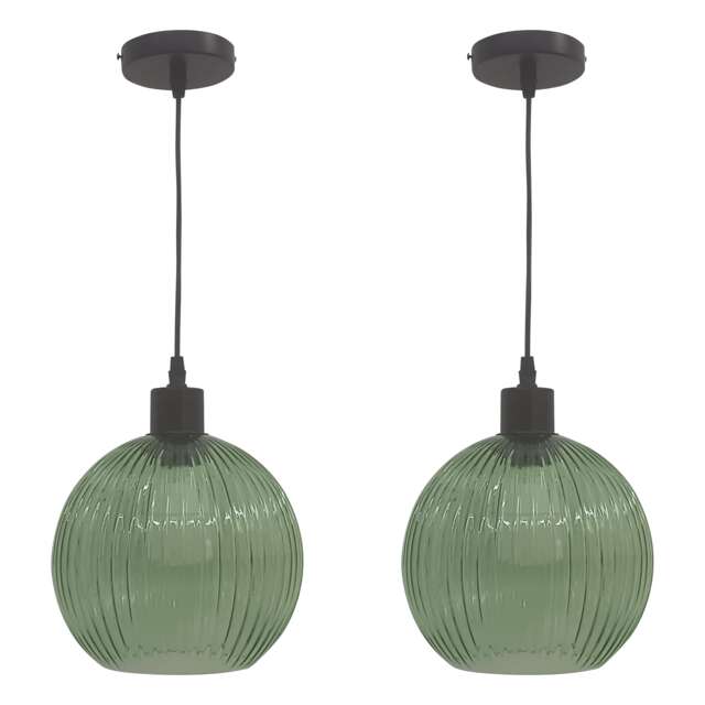 Set of 2 Betchley - Green Ribbed Glass Globe with Black Pendants Green Clear green glass with matt black detail Small 2