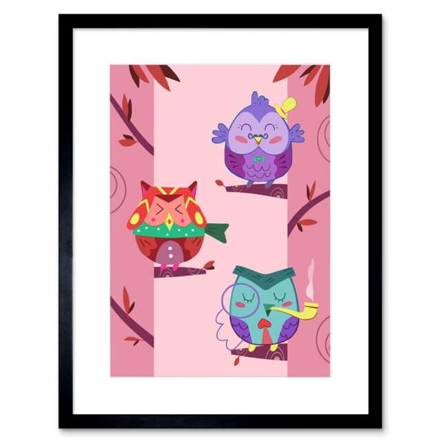 "Cute Kawaii Cartoon Owls Birds Tree Kids Bedroom 9x7"" Black Framed Wall Art Print"