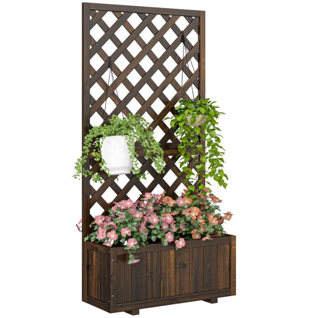Outsunny Flower Stand Plant Shelf Outdoor Pine w/ Trough Planter, Carbonised Brown Carbonised finish