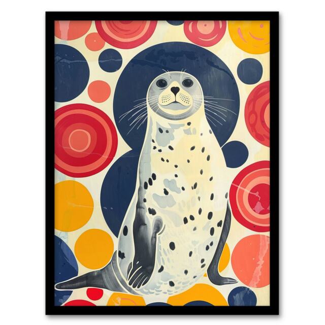 Standing Seal Portrait Colourful Circles Fun Black Framed Wall Art Print A4
