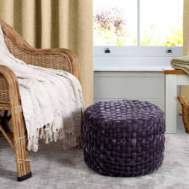 Round Velvet Pouffe Soft Woven Designer Ottoman Stool Grey