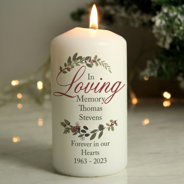 Personalised In Loving Memory Wreath Pillar Candle White