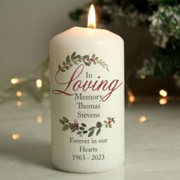 Personalised In Loving Memory Wreath Pillar Candle White