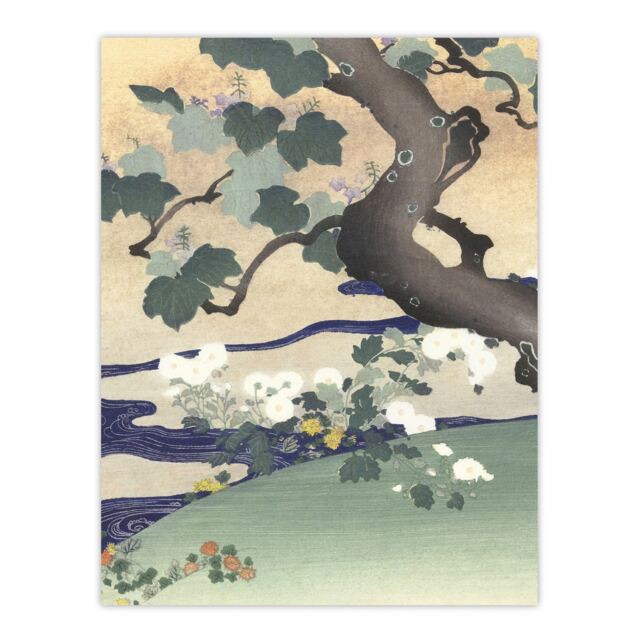 "Tree And Chrysanthemums Vintage Japan Wall Art Print Tsukioka 24x32"""