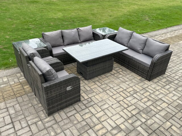 Fimous PE Rattan Outdoor Garden Furniture Sets Height Adjustable Rising lifting DiningTable Sofa Set with Reclining Chair 2 Side Tables Dark Grey Mixed