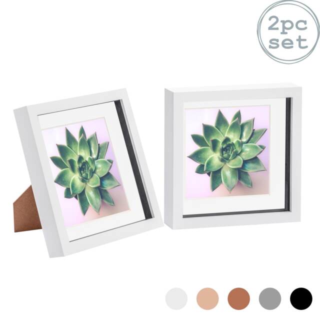 "Nicola Spring 8 x 8"" Photo Frames - White/White Mount - 3D Picture Frame Box Portrait Display Case (22.5 x 22.5cm) Set of 2"