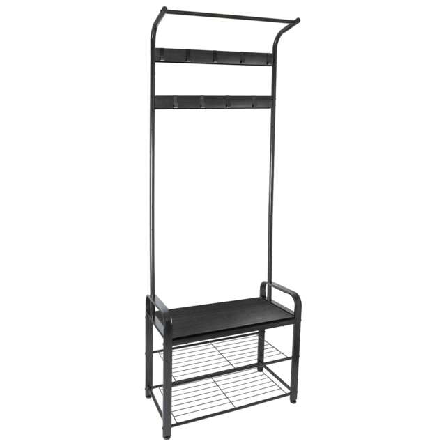 Harbour Housewares Coat Rack with Shoe Storage Bench - Curved Steel Frame - Hall Tree Coat Stand with 9 Hooks & Shoe Shelf Black Black/Black