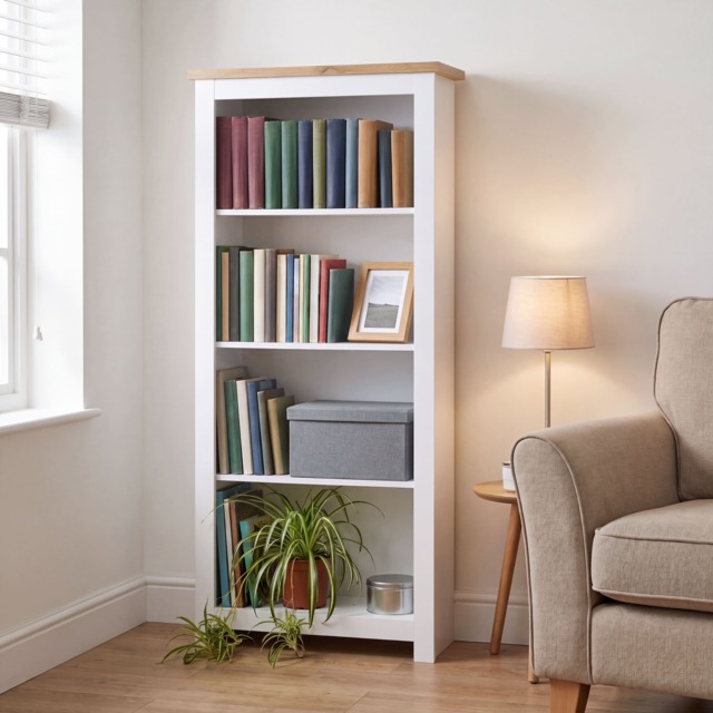 Vida Designs Arlington 4 Tier Bookcase Shaker Style Display Storage, White & Oak