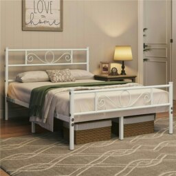 Yaheetech 190 cm L × 135 cm W Metal Platform Bed with Scroll Design Headboard White