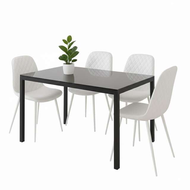 Black Glass Dining Table Set With 4 White Faux Leather Chairs Home Dining Kitchen Furniture