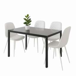 Black Glass Dining Table Set With 4 White Faux Leather Chairs Home Dining Kitchen Furniture