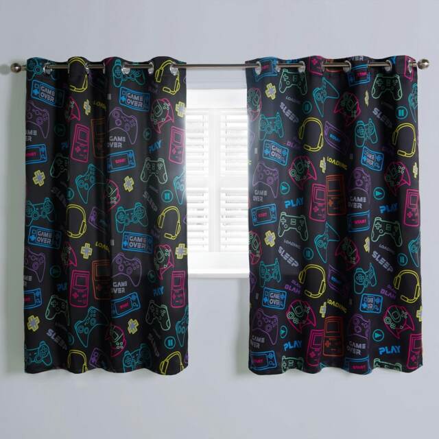 "OHS Kids Gaming Print Blackout Lined Eyelet Curtains, 66x54"" - Black"