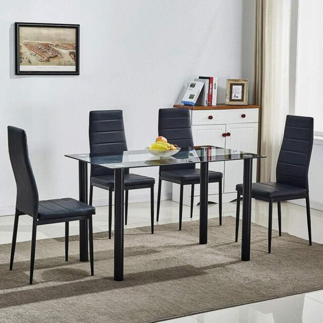 Black Glass Dining Table Set With 4 Black Chairs For Dining Room And Kitchen Furniture Black One Size 5