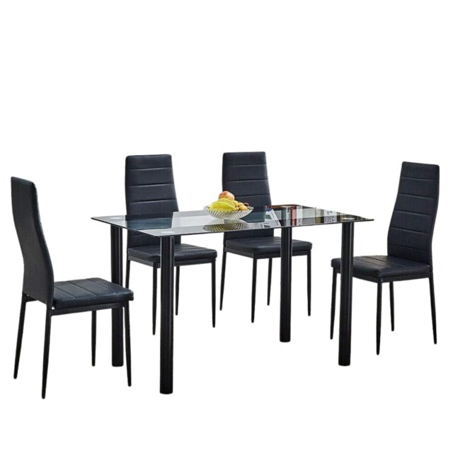 Black Glass Dining Table Set With 4 Black Chairs For Dining Room And Kitchen Furniture Black One Size 5