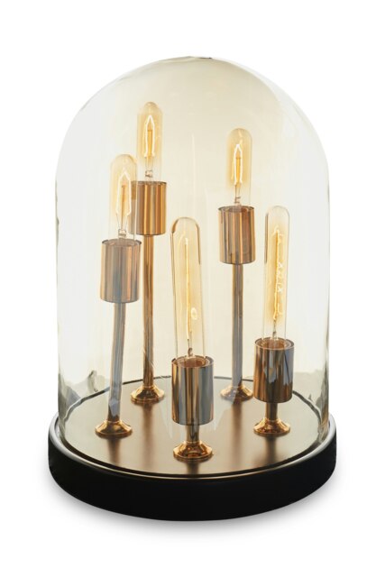 Interiors by Premier Amber Glass Dome Table Lamp, Antique Wood Base With Brass Holders, Elegant Cylindrical Bulb Design Gold