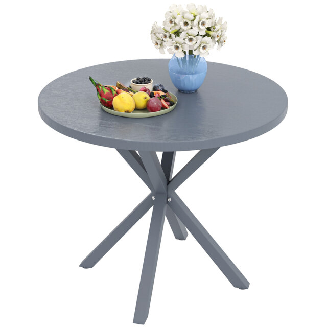 Outsunny Garden Table, 85cm Round Outdoor Dining Table with Steel Frame, Wood Effect Top, for Balcony, Deck, Dark Grey Grey