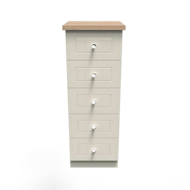 Cambridge 5 Drawer Tall Bedside Cabinet in Cream Ash & Bardolino Oak (Ready Assembled) Cream Cream Ash & Bardolino Oak