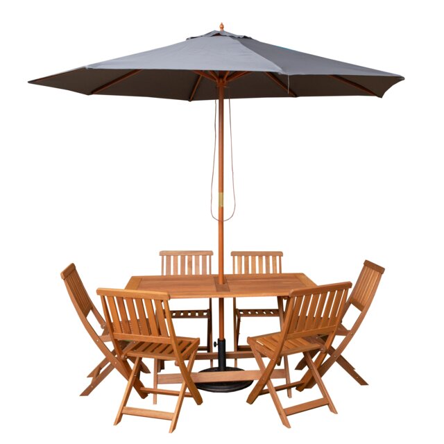 Outdoor 6 Person Folding Rectangular Wooden Garden Dining Table Chairs Grey Parasol and Base set