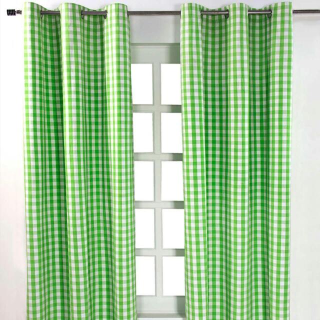 Homescapes Cotton Block Check Gingham Eyelet Curtains - 137 x 228 cm Green Green