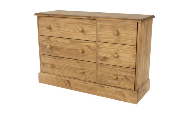 Cotswold 3+3 Drawer Wide Chest of Drawers - Antique Waxed Pine Bedroom Storage with Turned Handles Brown Brown 1