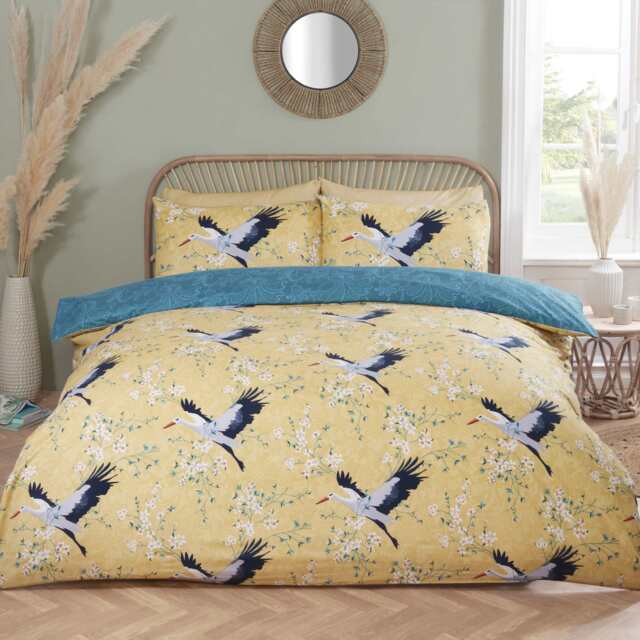 Cranes Polyester Reversible Duvet Cover Set with Pillowcase Multi Double