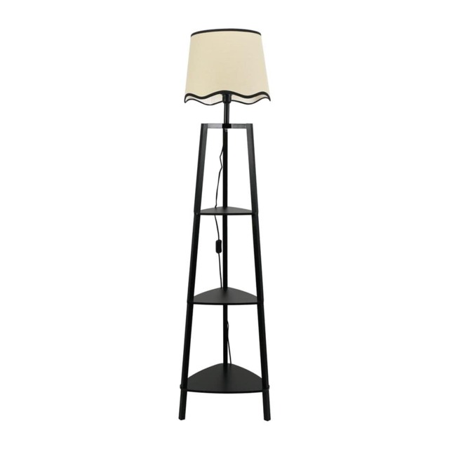 ValueLights Hiru Black 3 Tier Shelf Floor Lamp Black Trim Scallop Shade and Bulb