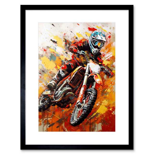 "Motocross Race Motorcycle Sport Oil Painting 9x7"" Black Framed Wall Art Print"