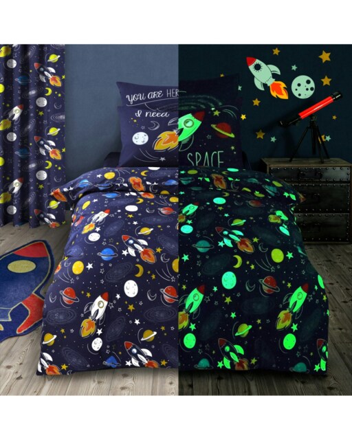 Velosso Space Glow In Dark Printed Cotton Blend Blue Duvet Cover and Pillowcase Set Blue Single