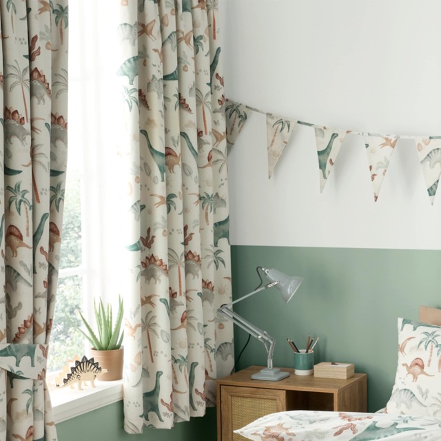 Happy Linen Company Scandi Saurus Dinosaurs Fully Lined Blackout Pencil Pleat Curtain Set White