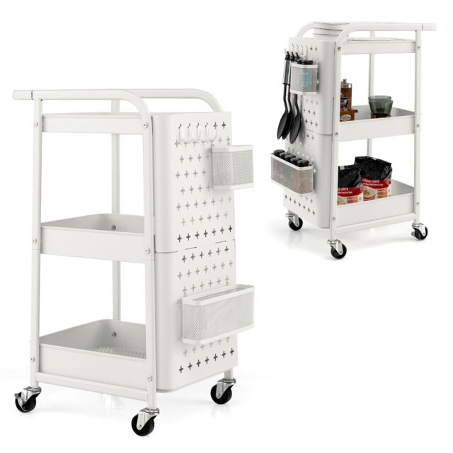3-Tier Rolling Trolley Metal Storage Cart with 2 Pegboards 2 Baskets 4 Hooks