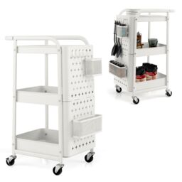 3-Tier Rolling Trolley Metal Storage Cart with 2 Pegboards 2 Baskets 4 Hooks