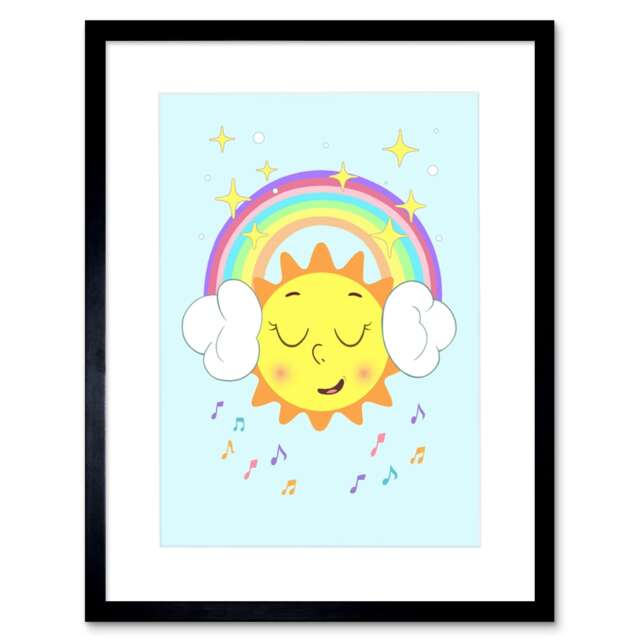 "Rainbow Headphones Musical Sun Kind Room 9x7"" Black Framed Wall Art Print"
