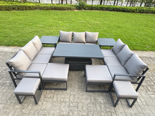 Fimous Aluminum Outdoor Patio Furniture Set Modern Patio Conversation Sets with Adjustable Rising Lifting Dining Table 4 Footstools 2 Side Tables Dark Grey